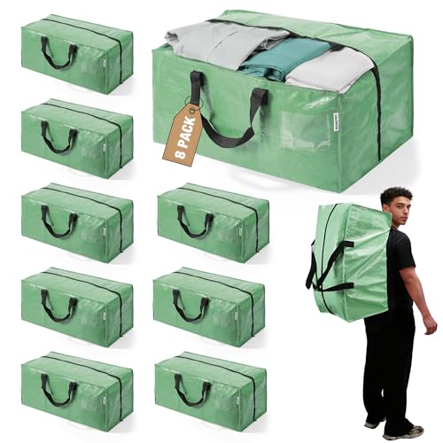 WORKPRO 8 Pack Extra Large Moving Bags with Backpack Straps & Handles | Heavy Duty Moving Storage Bags, Green, Double Zippers for Moving, Dorm, Closet Storage, Travel & Space Saving - color: Green, size: 8 Pack