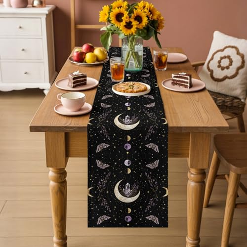 Whimsical Moon Table Runner Mysterious Dark Cosmic Crystal Purple Moths Flower 18x72 Inches Long Cotton Linen Table Runner Burlap Style for Dinner Table Party Decor Tabletop Decorations - size: 18" x 72"