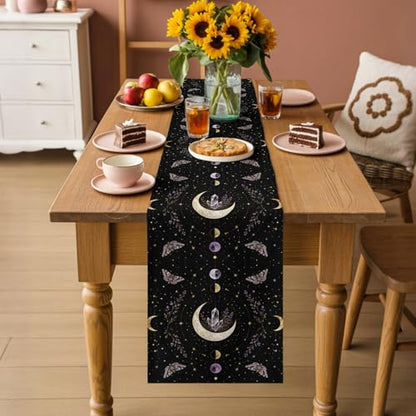 Whimsical Moon Table Runner Mysterious Dark Cosmic Crystal Purple Moths Flower 13x60 Inches Long Cotton Linen Table Runner Burlap Style for Dinner Table Party Decor Tabletop Decorations - size: 13" x 60"