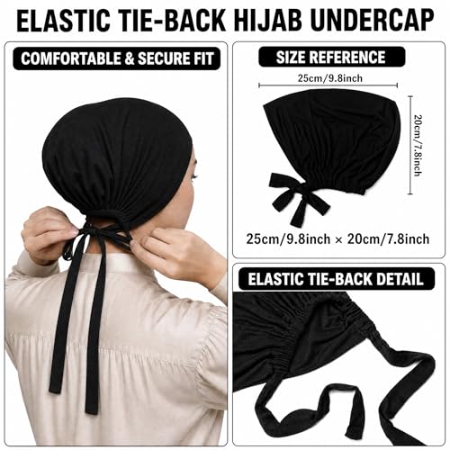 Yeieeo 3PC Muslim Hijab Undercap for Women, Stretch Tie-Back Inner Headscarf Bonnet, Soft Modal Headwear for Daily - color: Black+dark Grey+light Khaki
