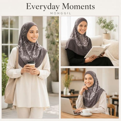 Instant Hijab – 여성용 원피스 슬립온 키마르 | 기도 및 단정한 착용을 위한 꽃무늬 프린트 저지 스카프 - color: Mg-hhj-703