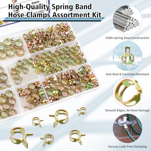 150Pcs Spring Band Hose Clamps Assortment Kit, Fuel Line Hose Clamps, Low Pressure Air Spring Clips for Silicone Vacuum Hose Pipe Clamps, 6 Sizes (7mm 8mm 9mm 10mm 11mm 12mm)