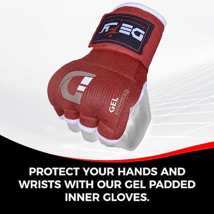 DEFY Padded Inner Gloves Quick 75cm Long Strap – Inner Boxing Gloves Gel Padded Knuckle Protection – Elasticated Boxing Hand Wraps for MMA Muay Thai Kickboxing Martial Arts Pair - color: Red, size: Large