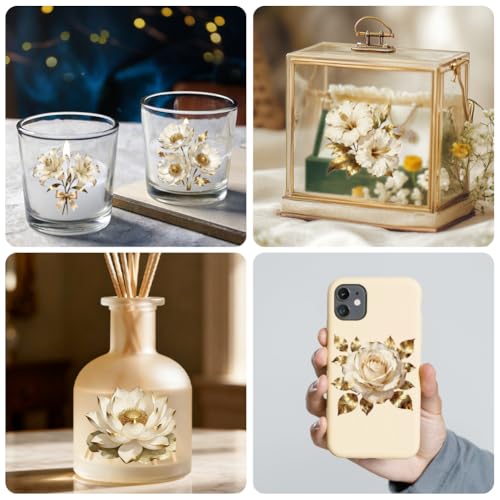 Peacoblue 18 Sheets Rub on Transfers for Crafts, Platinum Bouquet with Golden Flowers 3.6"x3.9" UV DTF Cup Wraps Waterproof Cold Transfers Stickers for Wood Glass Cup Tumblers Mirrors Mugs Decor - style: Platinum Bouquet with Golden Flowers