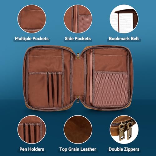 Genuine Leather Bible Cover Cowhide Bible Case for Men Women Church Bag Protective Book Holder with Double Zippers Full Grain Leather Portfolio Organizer Bible Carrying Case with Handle