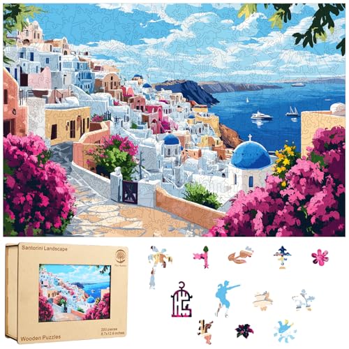 Mys Aurora Scenery Puzzles for Adults, Santorini Wooden Puzzles, 200 Pieces Unique Shaped Jigsaw Puzzle Birthday Gift Challenging Family Game for Kids and Adults 12.6 * 8.6 inch - color: Santorini, size: Medium