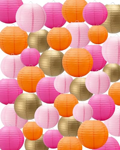 Treela 48 Pcs Paper Lanterns Party Decorations Chinese Lanterns Round Paper Decor 4/6/8/10 Inch Asian Hanging Lamps Decorative for Graduate Wedding Birthday Bridal Party Supplies(Gold,Orange) - color: Gold,orange