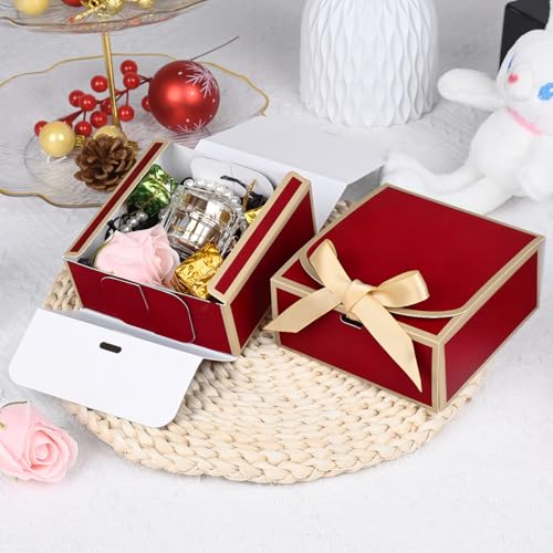 WLUSEAXI 12Pack Small Gift Boxes with Lids, 4.5''x4.5''x2'' Small Boxes for Gifts with Ribbons, Red Gift Boxes for Present, Birthday, Valentine's Day, Mother's Day, Holiday - color: Red