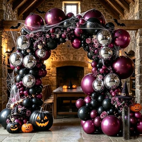 Black Purple Balloon Arch Double Stuffed Purple Silver Foil Balloon Kit - color: Black Purple