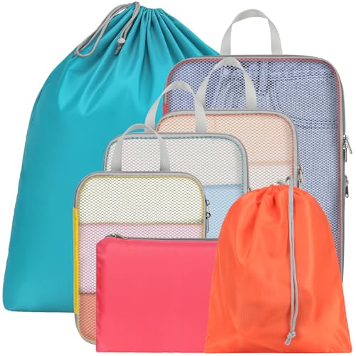 Cambond Compression Packing Cubes for Travel - Luggage Suitcase Organizer - color: 11 Active Lake Blue/Watermelon Pink/Orange/Yellow, size: 7-Piece Set