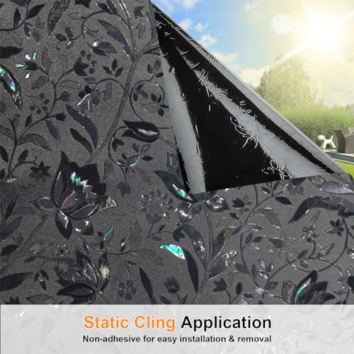 Blackout Window Film, 100% Sun Light Blocking Removable Privacy Window Cover, Stained Glass Windows Tint for Home, Static Cling Room Darkening Windows Stickers (Black Tulip, 17.5" x 78.7") - color: Black-tulip, size: 17.5" x 78.7"