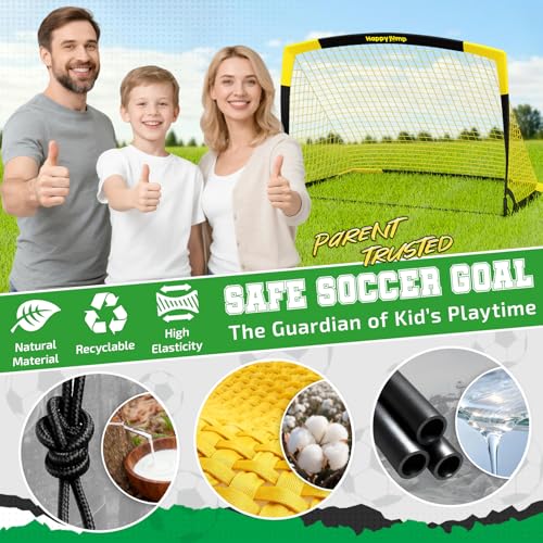 Happy Jump 7x5 FT & 5x3.6 FT Portable Soccer Goal for Youth Players Ages 6–14, Large-Frame Design Built for Long-Term Development, Easy Setup for Backyard, Park or School Training - style: Black Yellow-7x5 FT