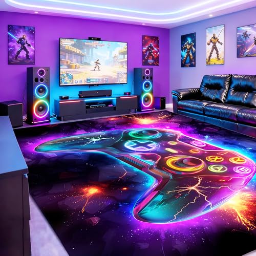 9x12 ft Neon Gaming Area Rug for Boys Room, Colorful Game Controller Carpet for Gamer Room Decor, Low Pile Non-Slip Video Game Rug for Teens Playroom or Game Zone - 03 - size: 9x12 ft