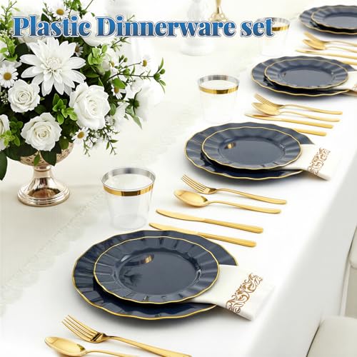 Glowserve 175 Piece Disposable Plastic Plates Dinnerware Set for 25 Guests - color: Navy Blue