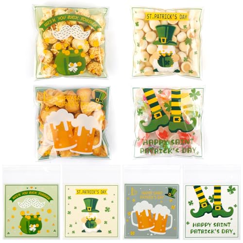 100 PCS Clear St Patricks Ziplock Bags, Plastic St Patricks Treat Gift Candy Goodie Snack Cookie Bags Party Favors Supplies for Gifts Giving Shamrock Bags Holiday Candy Bags Wrap - color: 100pcs St Patrick's bags