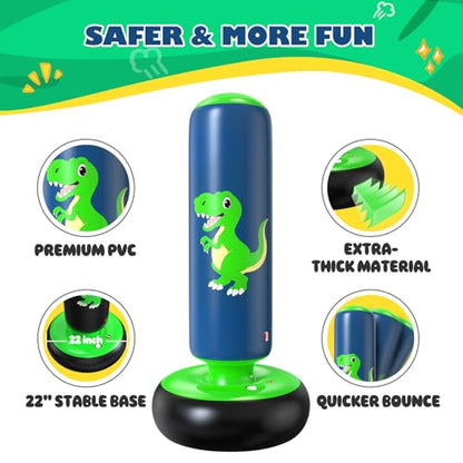 QPAU Inflatable Punching Bag, 48 Inch Stable Inflatable Boxing Bag for 3-6 Kids,Dinosaur Toy & Gifts for Boys and Girls, Kids Boxing Set for Practicing Karate, Taekwondo - color: Dinosaur Green
