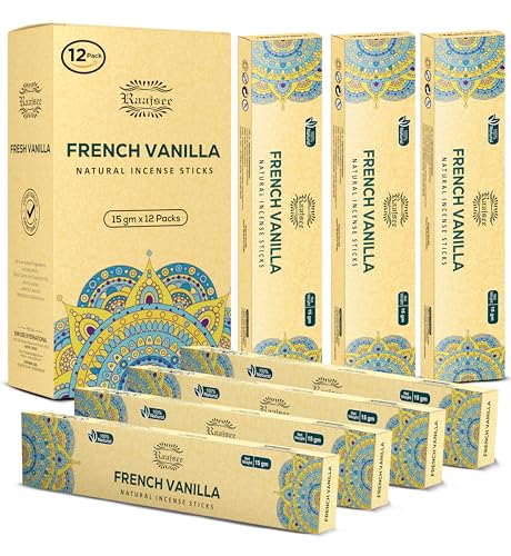 Raajsee French Vanilla Incense Sticks (180 gm), 100% Pure Organic Natural Hand Rolled Free from Chemicals - Perfect for Aromatherapy, Cleansing, Meditation, and Church (Pack of 12) - color: Vanila