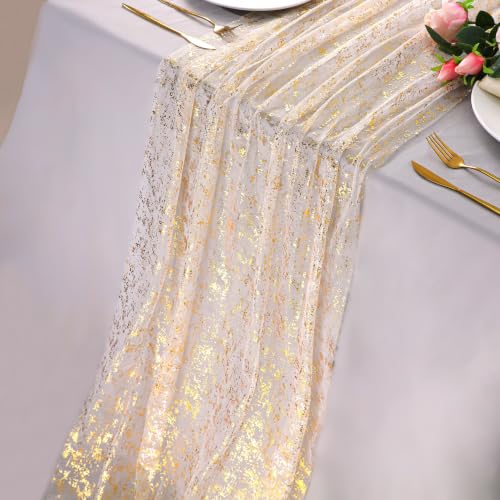Snowkingdom 2Pcs Gold Gauze Table Runners 10Ft Sheer Chiffon Cheesecloth Wedding Runner, Golden Sequin Glitter Metallic Foil Party Table Decorations Centerpieces for Birthday Thanksgiving Christmas - color: Gold, size: 10FT/2Pcs