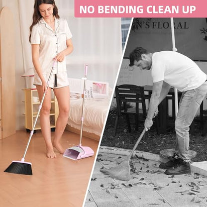 BSKLIN Broom and Dustpan Set for Home, 52” Long Handle Broom with Dustpan Combo Set with Dust Pan Teeth to Clean Hair Sweeping Set for Kitchen Hardwood Floors Pet Hair (Pink) - size: pink