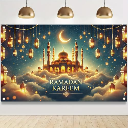 Ramadan Kareem Banner 71x43 Inch Golden Mosque Crescent Moon and Lanterns Islamic Eid Mubarak Decoration for Ramadan Iftar and Home Celebrations - color: Style 3