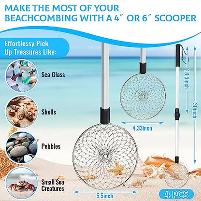 Roshtia 4 Pcs Beach Sand Sifter Set, Adjustable Long Handle Shell Scoop, Shark Tooth Sifter Mesh Shovel for Family Seashell Collecting, Sea Glass Hunting and Beach Treasure Fun - color: Gray, size: 30 Inch, style: Round