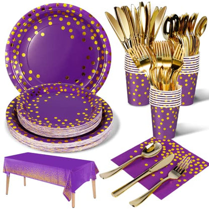 Nkaiso 141Pcs Purple Gold Paper Plates and Napkins Party Supplies for20 - color: Purple Gold