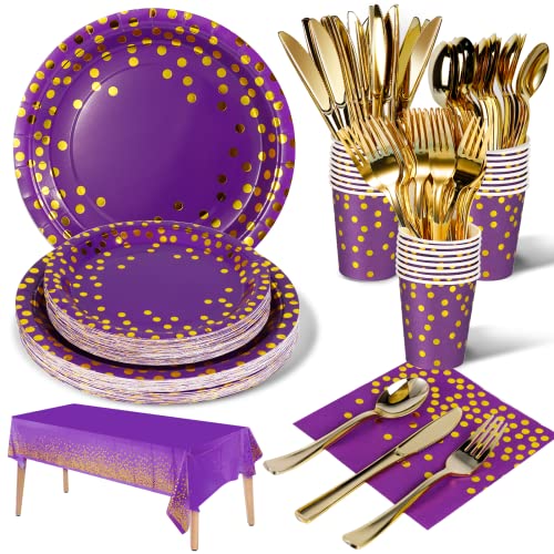 Nkaiso 141Pcs Purple Gold Paper Plates and Napkins Party Supplies for20 - color: Purple Gold