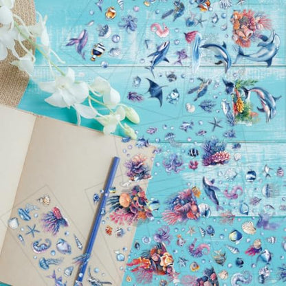 arricraft 10 Pcs Colorful Marine Animal Theme Cup Printing UV Transfer Papers, 10 Styles Sea Animal Shell Octopus Seahorse Mermaid UV DTF Cup Wrap Stickers for 16 OZ Glass Cups Crafts 9.5x4.3inch - style: Colorful Marine Animal Theme 02