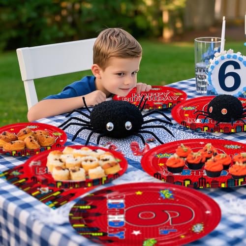 Greencian 96Pcs Red 6th Birthday Party Decorations, Serve 24 | 6th Birthday Plates and Napkins Red Disposable Tableware for Boys 6 Year Old Birthday Party Supplies - style: Spider Birthday Kit