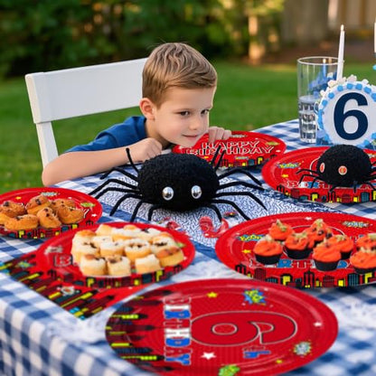 Greencian 96Pcs Red 6th Birthday Party Decorations, Serve 24 | 6th Birthday Plates and Napkins Red Disposable Tableware for Boys 6 Year Old Birthday Party Supplies - style: Spider Birthday Kit