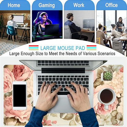 Cute Floral Desk Mat Pastel Roses Gaming Mouse Pad XXL Large Extended Flowers Desk Pad, Laptop Keyboard and Mouse Mat with Stitched Edges, Women Computer Desktop Mat Gamer Playmat 31.5x15.7 in - color: Pastel Roses