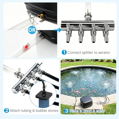 Antfraer Pond Aerator Accessories Kit, Compatible with Antfraer 635GPH Aerator, 52.4ft Airline Tubing + 4-Way Splitter + 4 Bubble Stones for Koi Ponds, Water Gardens & Septic Systems - style: Pond Aerator Accessories Kit