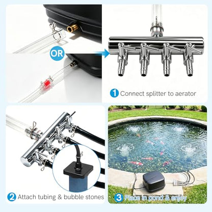 Antfraer Pond Aerator Accessories Kit, Compatible with Antfraer 635GPH Aerator, 52.4ft Airline Tubing + 4-Way Splitter + 4 Bubble Stones for Koi Ponds, Water Gardens & Septic Systems - style: Pond Aerator Accessories Kit
