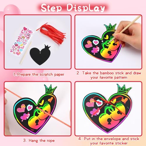 FEBSNOW 48Pcs Valentines Crafts for Kid Heart Rainbow Scratch Paper Art Set | School Classroom Valentines Day Activities, Kids DIY Craft Projects, Magic Hanging Scratch Ornaments, Holiday Party Favors - style: Valentines