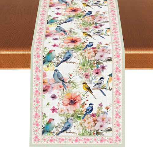 Floral Bird Table Runner, Seasonal Wildflower Watercolor Green Leaves Spring Boho Farmhouse Table Runner for Coffee Table Home Party Kitchen Dining Table Wedding Party Decor, 13x36 inches - color: Tr-bird02, size: 13x36" Table Runner