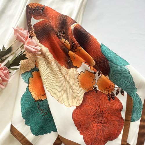 FONYVE Silk Feeling Scarf Medium Square Satin Head Scarf for Women 27.5 × 27.5 inches - color: 03 Orange & Brown Flowers