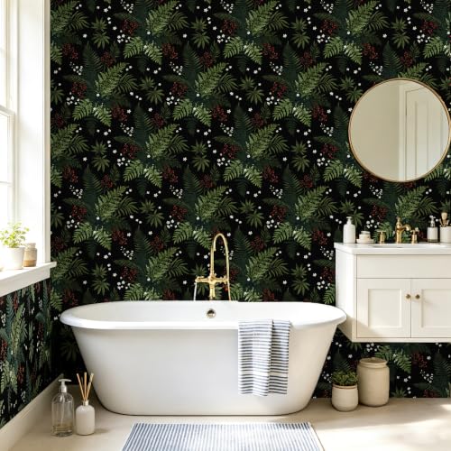 Dark Green Botanical Berries Peel and Stick Wallpaper 17.5" x 118" | Self-Adhesive, Removable Waterproof Contact Paper for Bedroom, Bathroom, Cabinets, Accent Wall, Laundry Room - color: Black/Dark Green, size: 17.5" x 118"