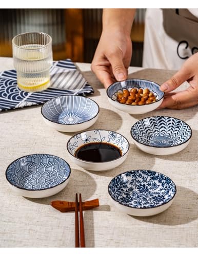 6 Pack 3 oz Small Soy Sauce Dish Ceramic Dipping Sauce Bowls | Japanese Style/Cute/Mini Dipping Bowls for Sushi,Side Dish,Ketchup,Dips,Condiment,Snack/BBQ Party/Stackable - color: cyan blue