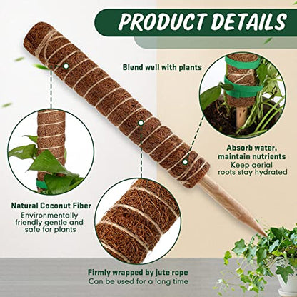30 Pcs Moss Pole for Plants Monstera 16.5 Inch Coir Poles Bendable Monstera Plant Support with 10 Pcs 6.56 Feet Jute Rope and 6.56 Feet Green Plant Tape for Indoor Outdoor Climbing Plants Growth