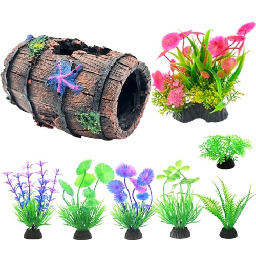 Fish Tank Decorations kit, Aquarium Decor Starfish Broken Barrel x 1pc, Fish Tank Accessories Aquatic Plants x 7pcs