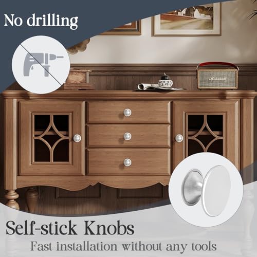 Adhesive Cabinet Knobs 4pcs Silver Self-Stick Knobs Drill Free Dresser Drawer Pulls Stainless Steel Stick On Handles for Medicine Cabinets Drawer Cupboards Glass Sliding Door Terrarium Lid - color: Silver