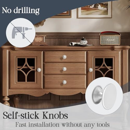 Adhesive Cabinet Knobs 4pcs Silver Self-Stick Knobs Drill Free Dresser Drawer Pulls Stainless Steel Stick On Handles for Medicine Cabinets Drawer Cupboards Glass Sliding Door Terrarium Lid - color: Silver