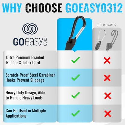 GOEASY0312 Bungee Cords with Hooks Heavy Duty 18" Carabiner, 4PCS Black | 200 LBS Max Break Strength, UV Resistant, Locking Carabiner Hooks, Double-Braided Latex & Rubber - color: Black