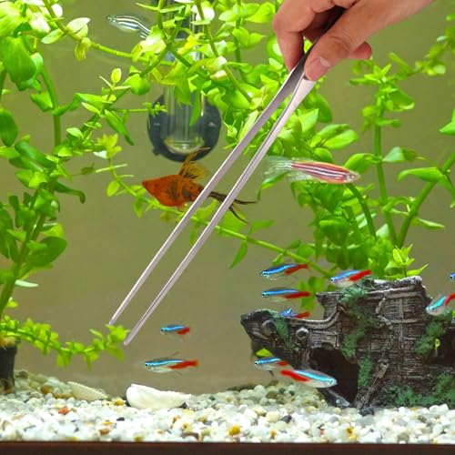 7 Pcs Aquarium Aquascape Tools Kit, Stainless Steel Aquatic Plant Aquascaping Set with Straight/Curved Long Tweezers Scissors Spatula Algae Scraper & 2 Replacement Heads Fish Tank Cleaning Kit