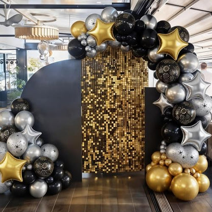 Black and Gold Balloons, Black Silver Gold Balloons, Silver Star Fireworks Printed Balloon With Star Foil Balloon For New Year Retirement Graduation Birthday Baby Shower Party Wedding Celebration - color: Black Silver Gold