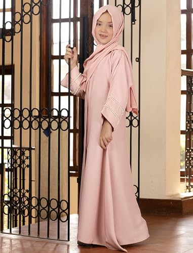 IDOPIP Muslim Dress for Girls Islamic Prayer Abaya Long Sleeve Cardigan Kaftan Robe Dresses with Hijab Ramadan Dubai Outfits - color: Pink, size: 9-10 Years