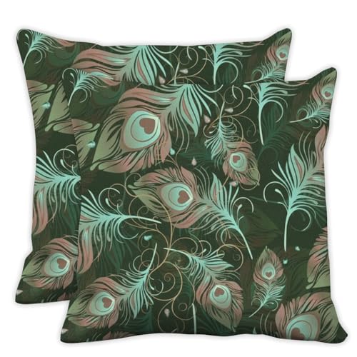 aesthetic boho throw pillow covers 18x18 pillow cover green peacock feather luxury vintage pillows cover set of 2 elegant artistic bohemia pillows covers decor for couch sofa bedroom living room - color: Vintage Peacock Feather Decoration
