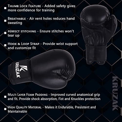 Kruzak Plain Boxing Gloves for Sparring, Kickboxing, Muay Thai, Martial Arts & MMA Fighting - Men & Women Punch Bag Mitts Training and Focus Pads Punching - color: Black, size: 10 oz