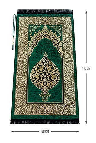 ihvan online Muslim Prayer Rug with 99 Beads Tasbih, Soft Chenille Sajadah, Lightweight & Foldable Janamaz, Portable Travel Prayer Mat, Islamic Gift for Eid, Ramadan, Hajj & Umrah, Green - color: Green