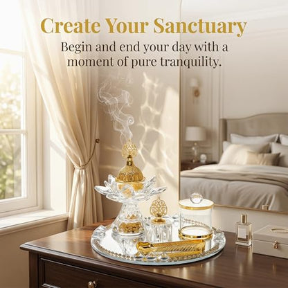 Generic Glass Incense Burner 5-Pieces Set Ramadan Decoration with Tray Storage Jar and Tongs Censer Arabian Incense Holder,Attractive Gold Incense Burner Set for Yoga SPA Desk Decor - style: Style D